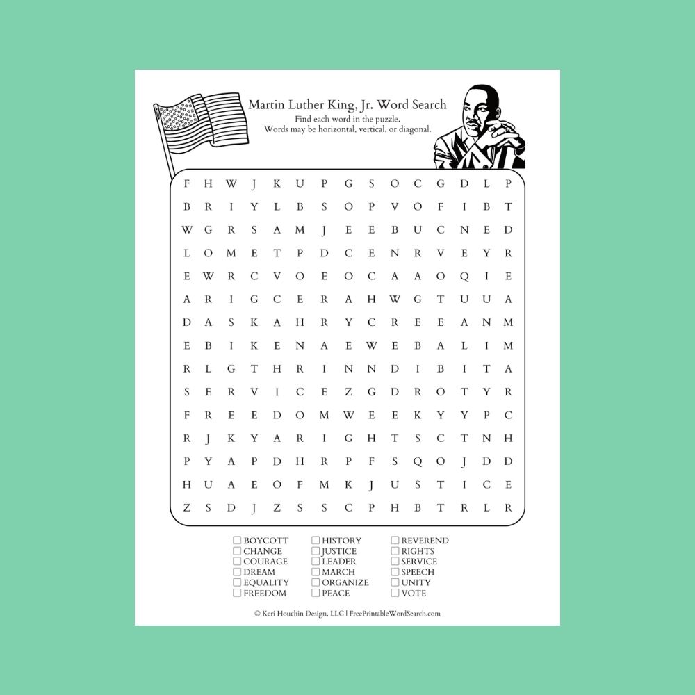 Martin Luther King Jr word search with 18 words on a 15-by-15 grid.