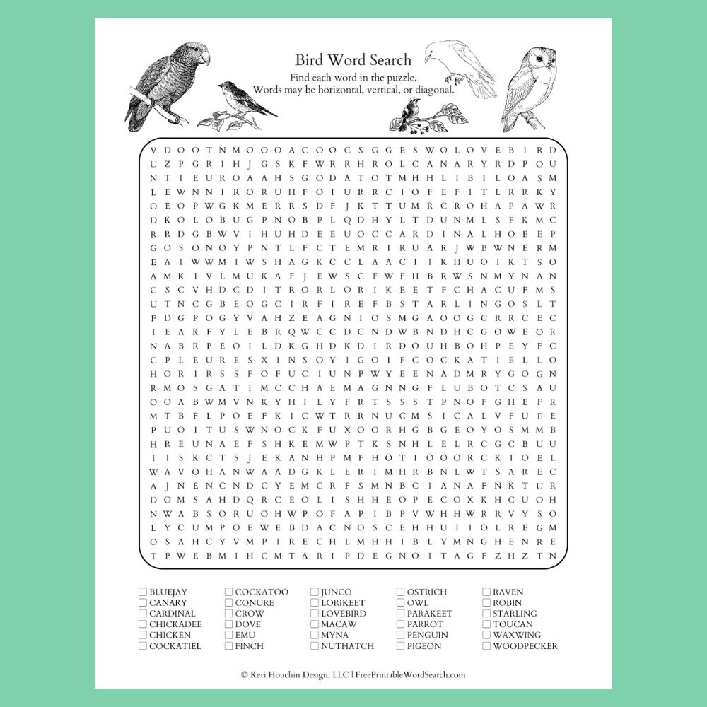 Bird word search with 30 species in a 30 by 30 grid.