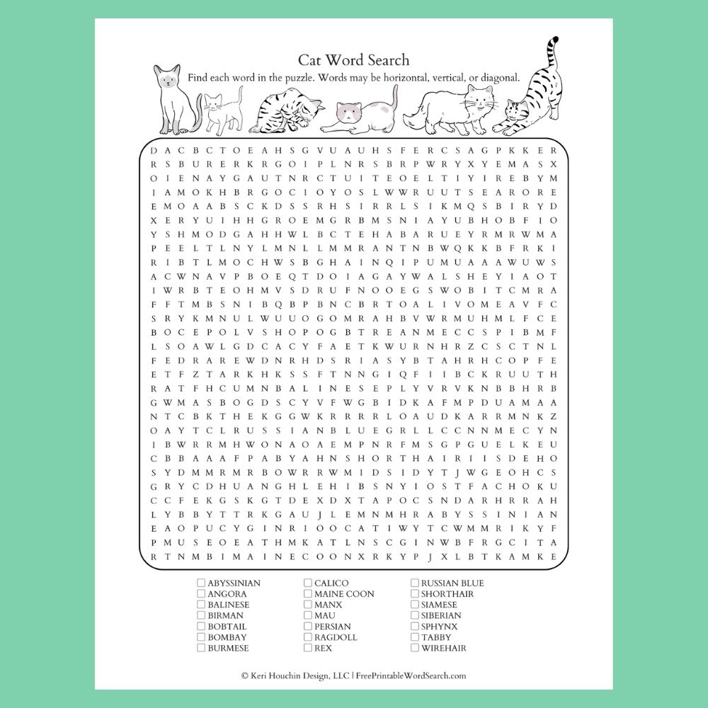 Cat word search with 21 breeds in a 30 by 30 grid.