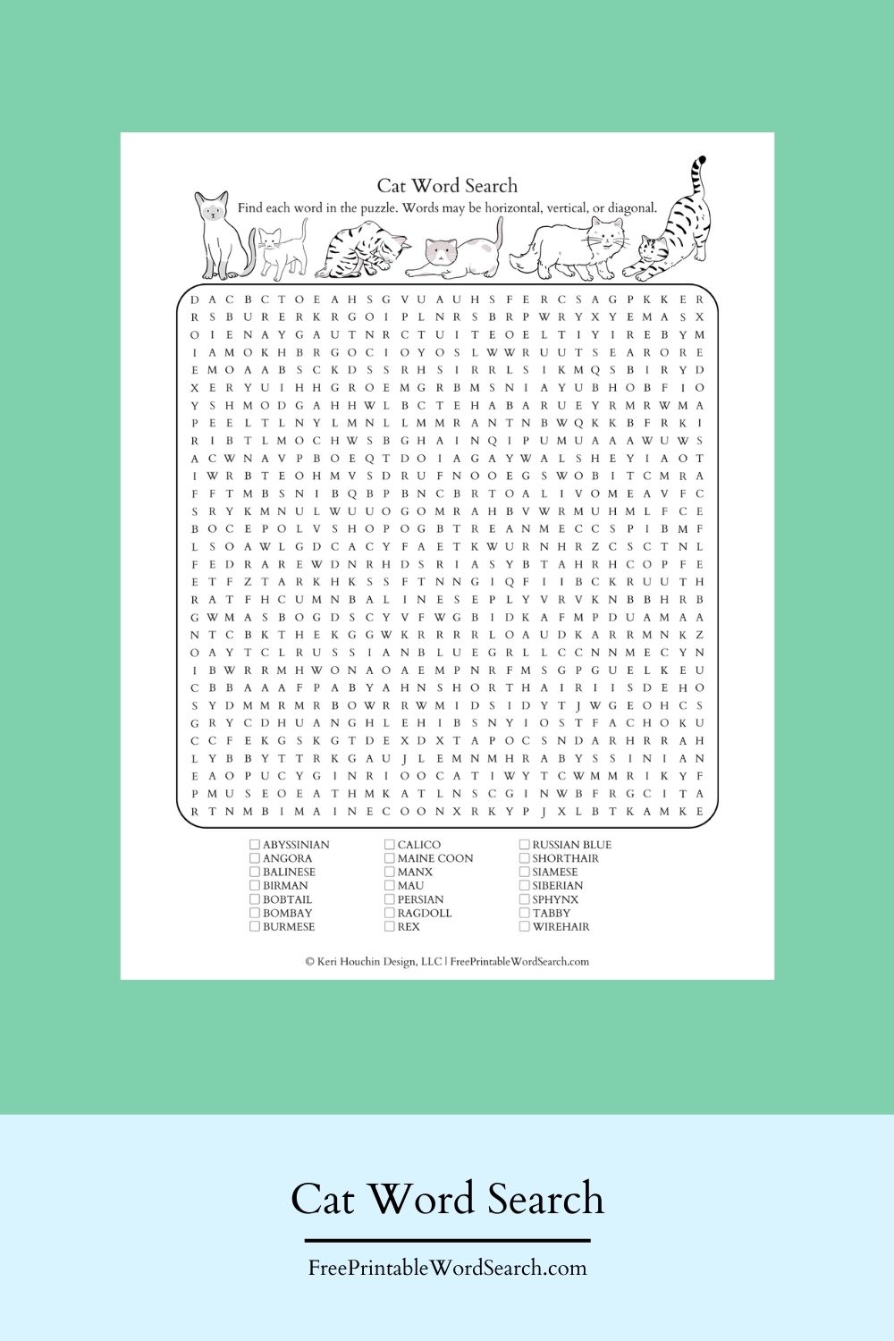 Cat word search with 21 breeds in a 30 by 30 grid.