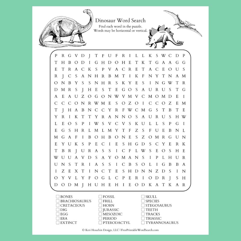 Dinosaur word search with 21 words hidden in a 20 by 20 grid.