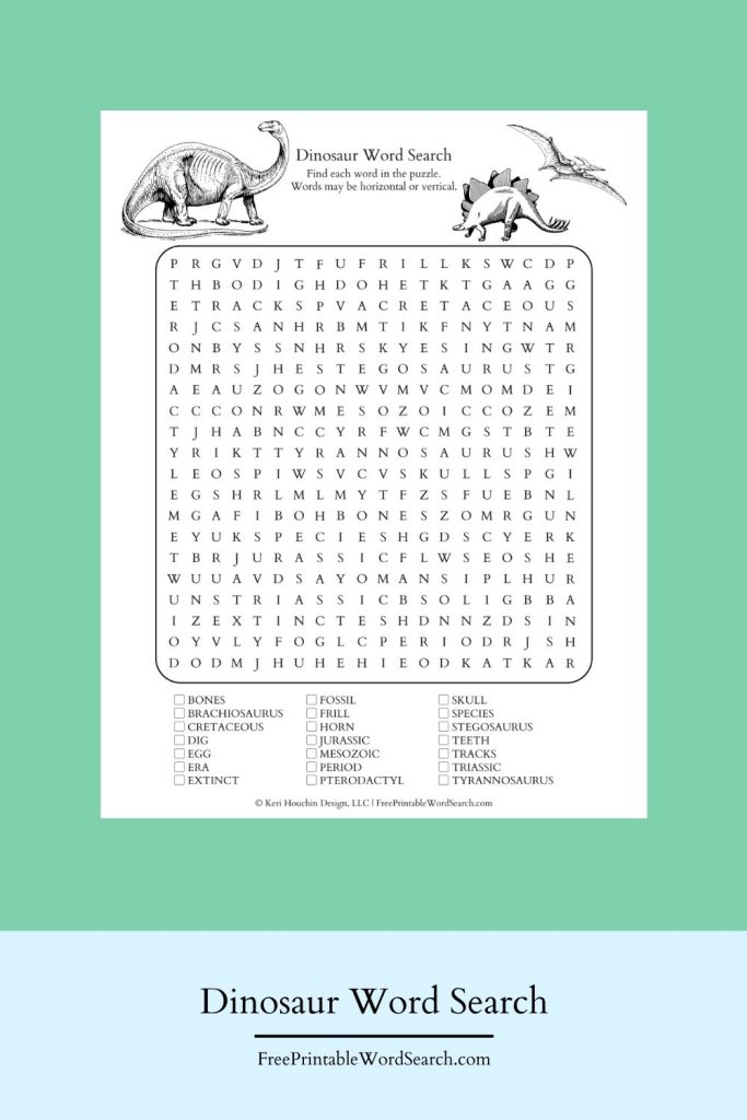 Dinosaur word search with 21 words hidden in a 20 by 20 grid.