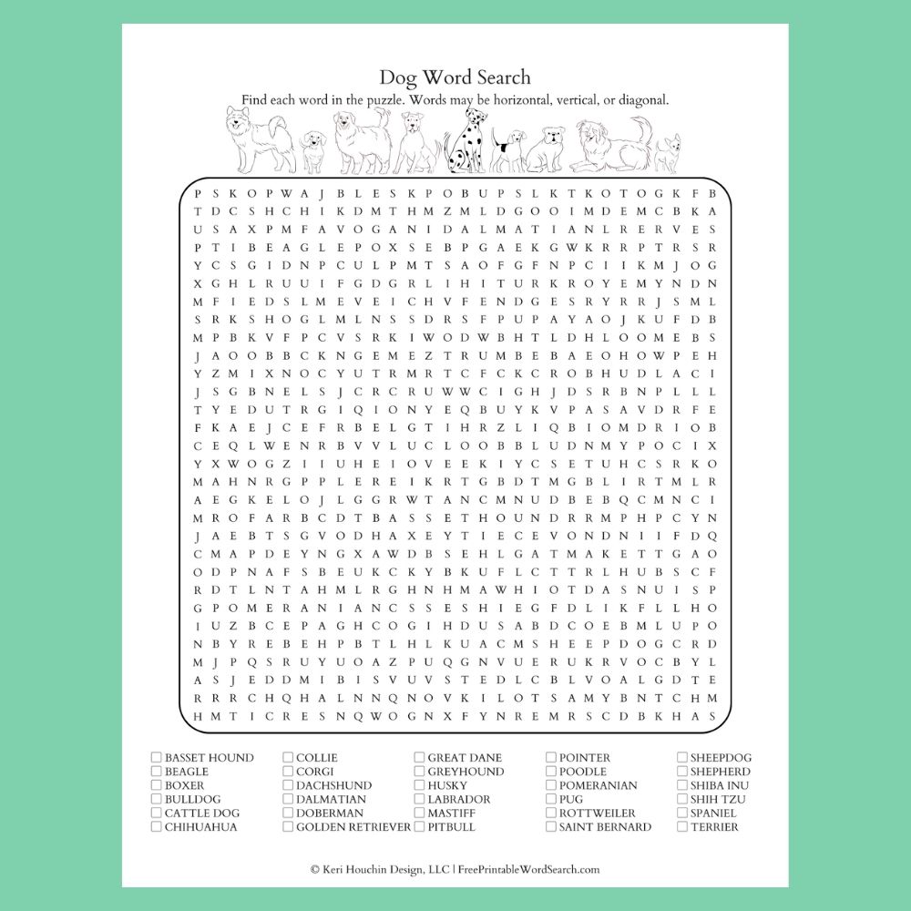 Dog word search with 30 breeds on a 30 by 30 grid.