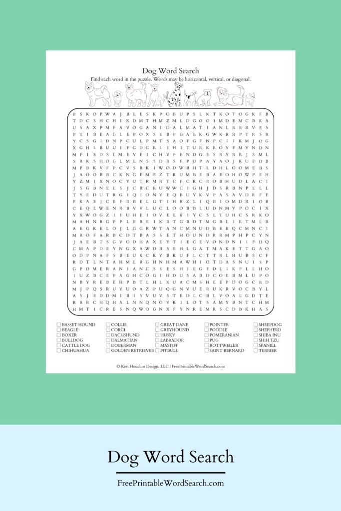 Dog word search with 30 breeds on a 30 by 30 grid.