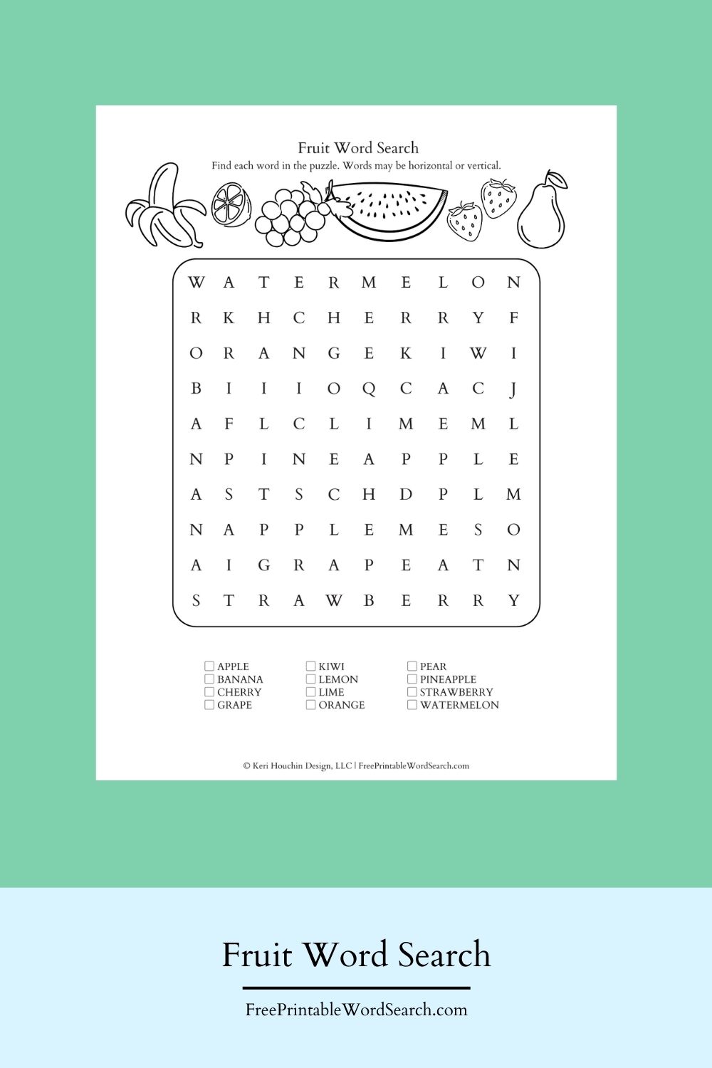 Fruit word search with 12 words on a 10 by 10 grid.