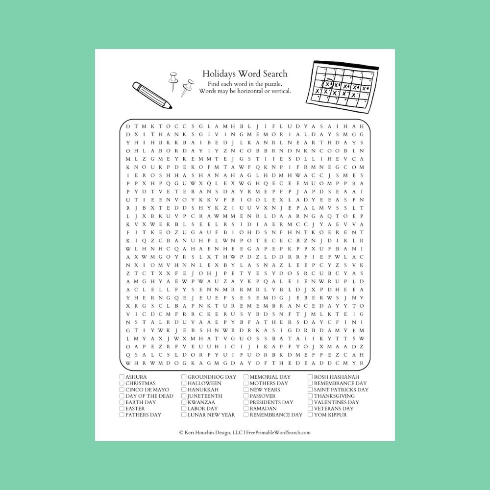 Holidays word search with 28 words in a 30-by-30 grid.