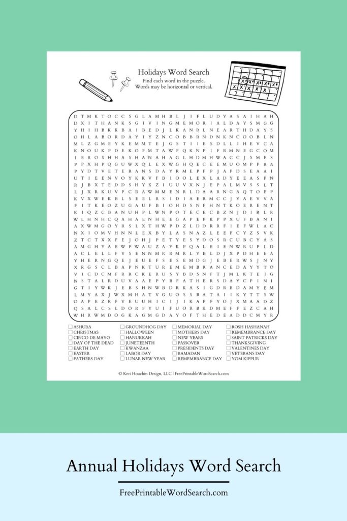 Holidays word search with 28 words in a 30-by-30 grid.