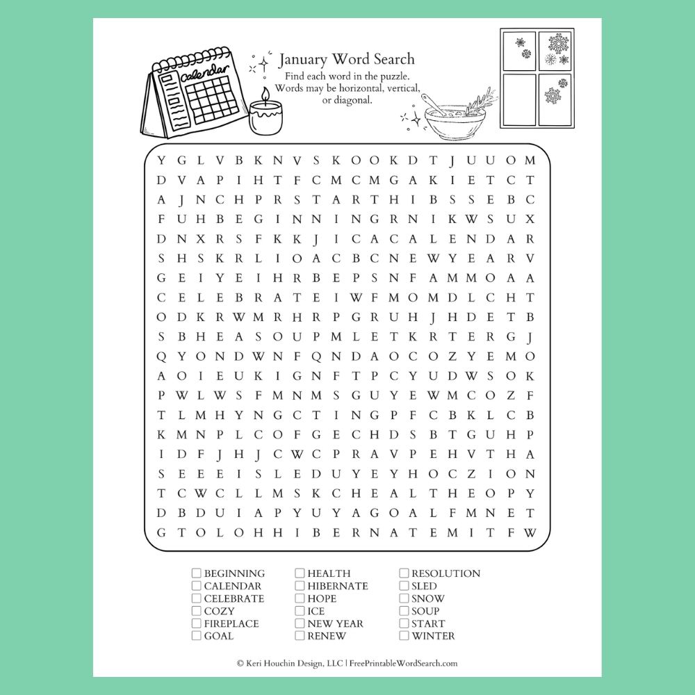 January word search with 18 words in a 20 by 20 grid.