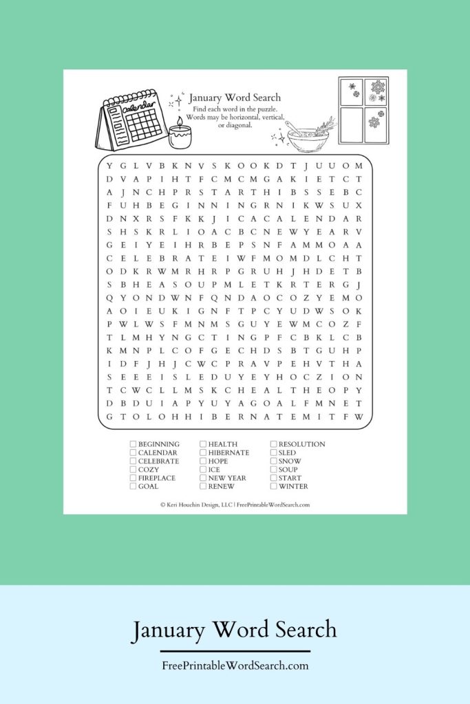 January word search with 18 words in a 20 by 20 grid.