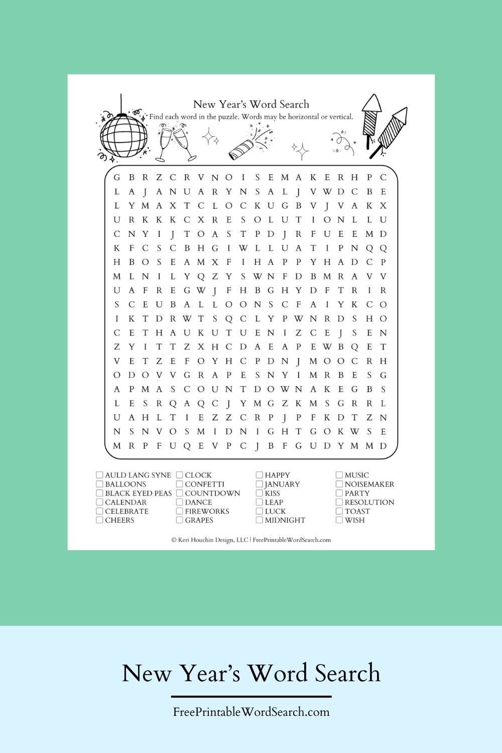 New Year's word search with 24 words in a 25-by-25 grid.