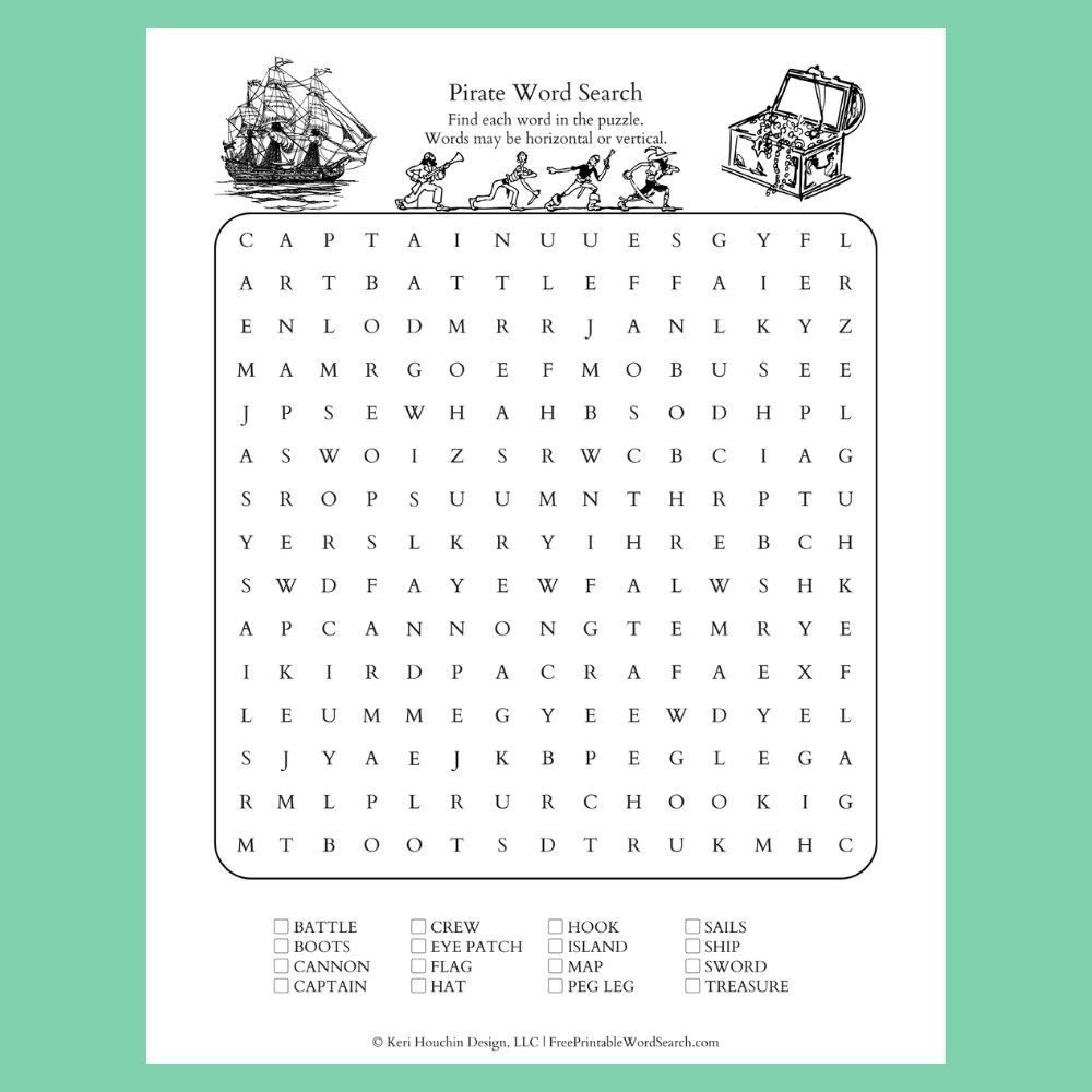 Pirate word search with 16 words hidden in a 15 by 15 grid.