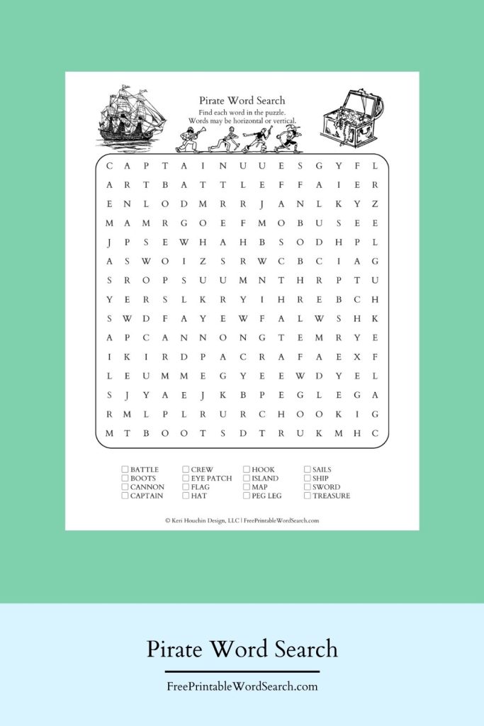 Pirate word search with 16 words hidden in a 15 by 15 grid.