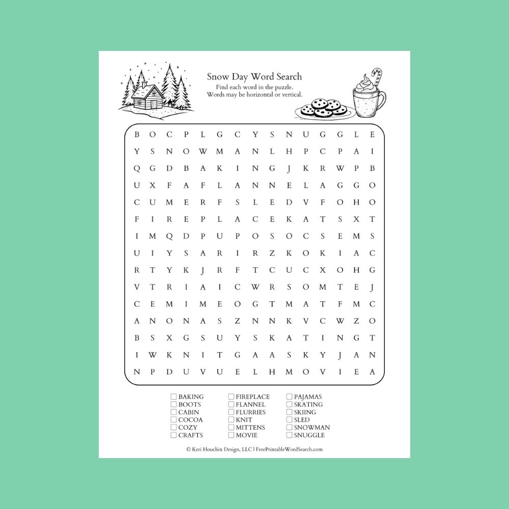 Snow day word search with 18 words in a 15-by-15 grid.