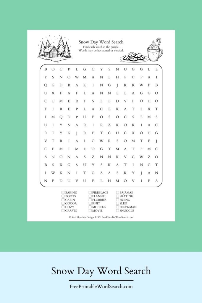Snow day word search with 18 words in a 15-by-15 grid.