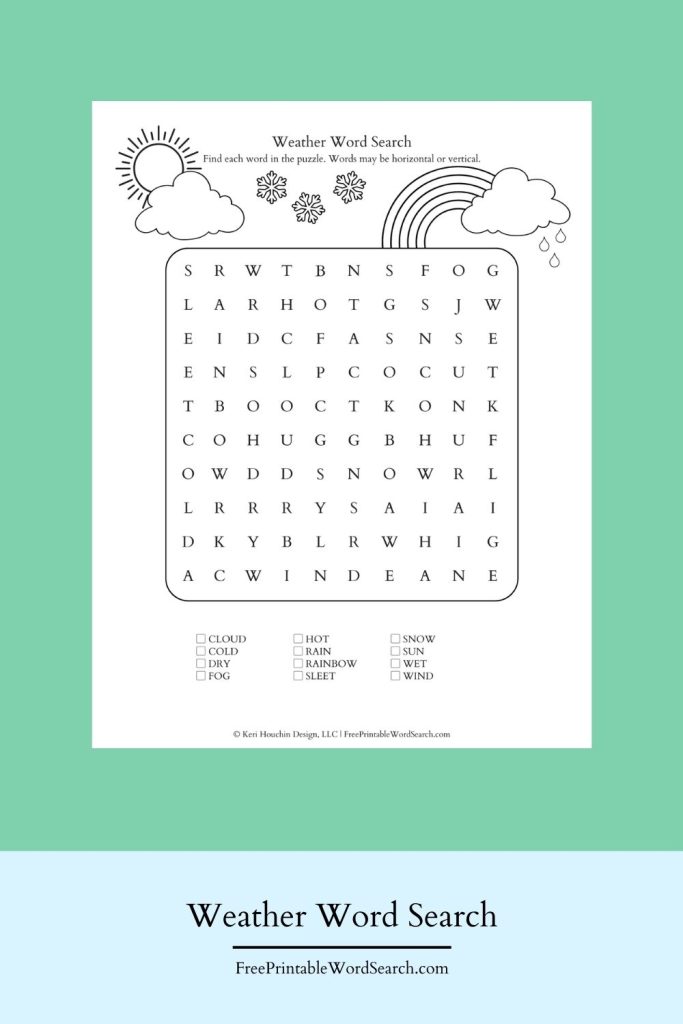 Weather word search with 12 words hidden in a 10 by 10 grid.