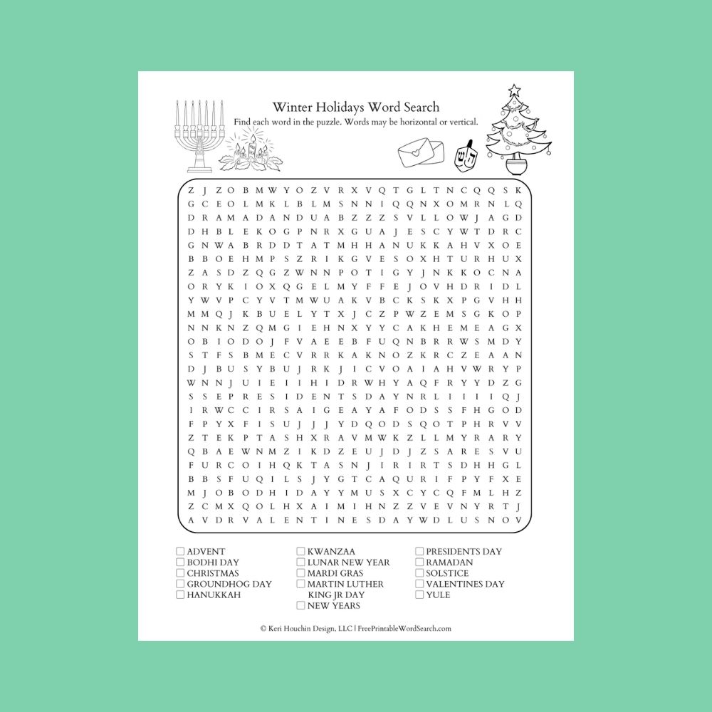 A winter holidays word search with 15 words hidden in a 25-by-25 grid.