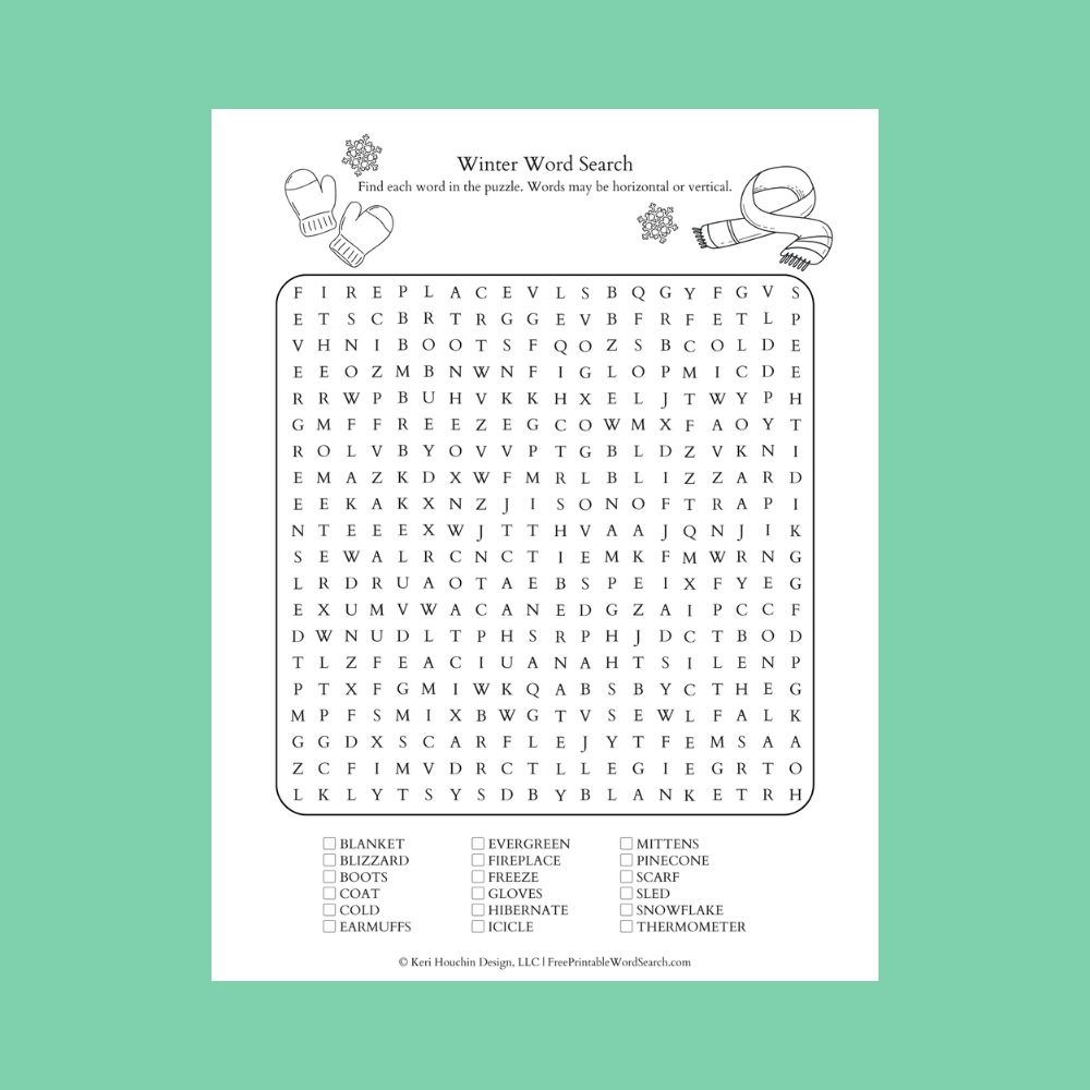 Winter word search with 18 words on a 20-by-20 grid.