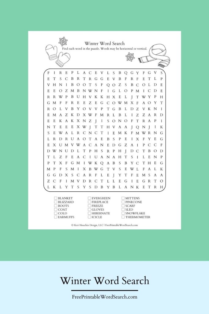 Winter word search with 18 words on a 20-by-20 grid.