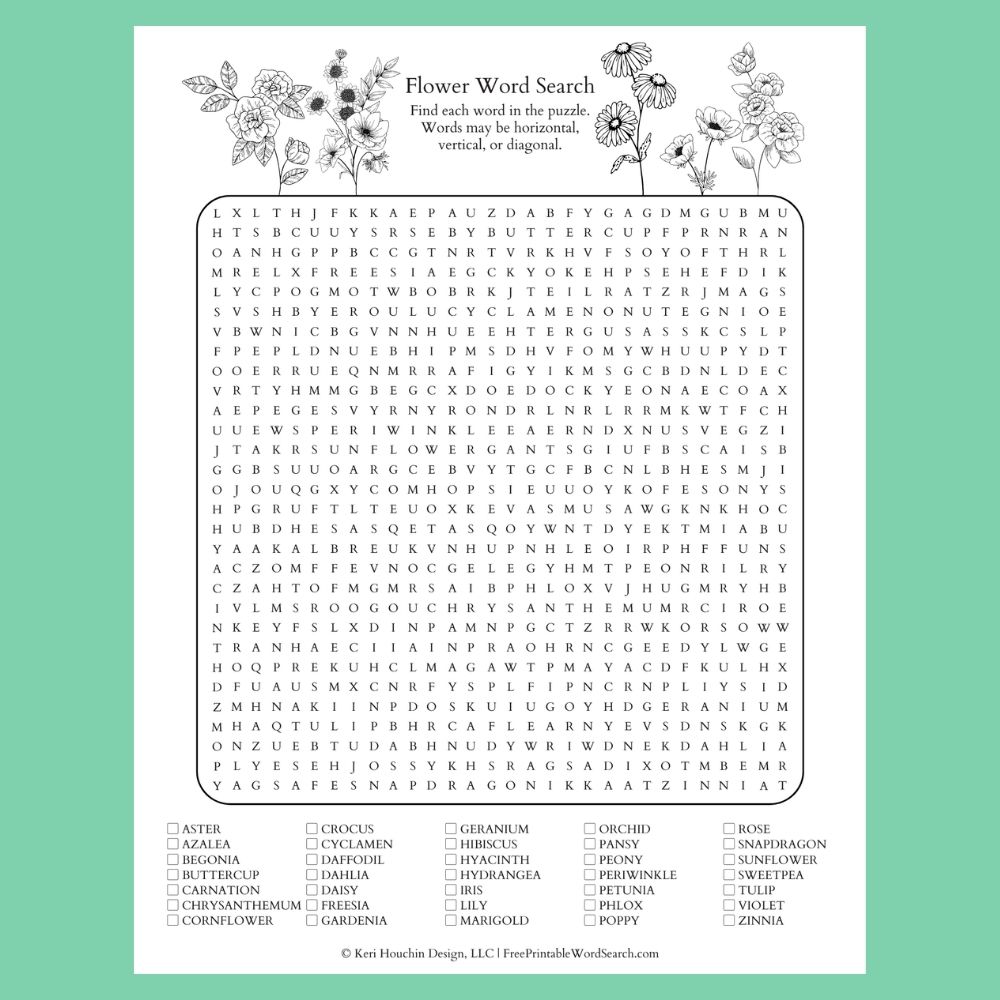 Flower word search with 35 words hidden in a 30 by 30 grid.