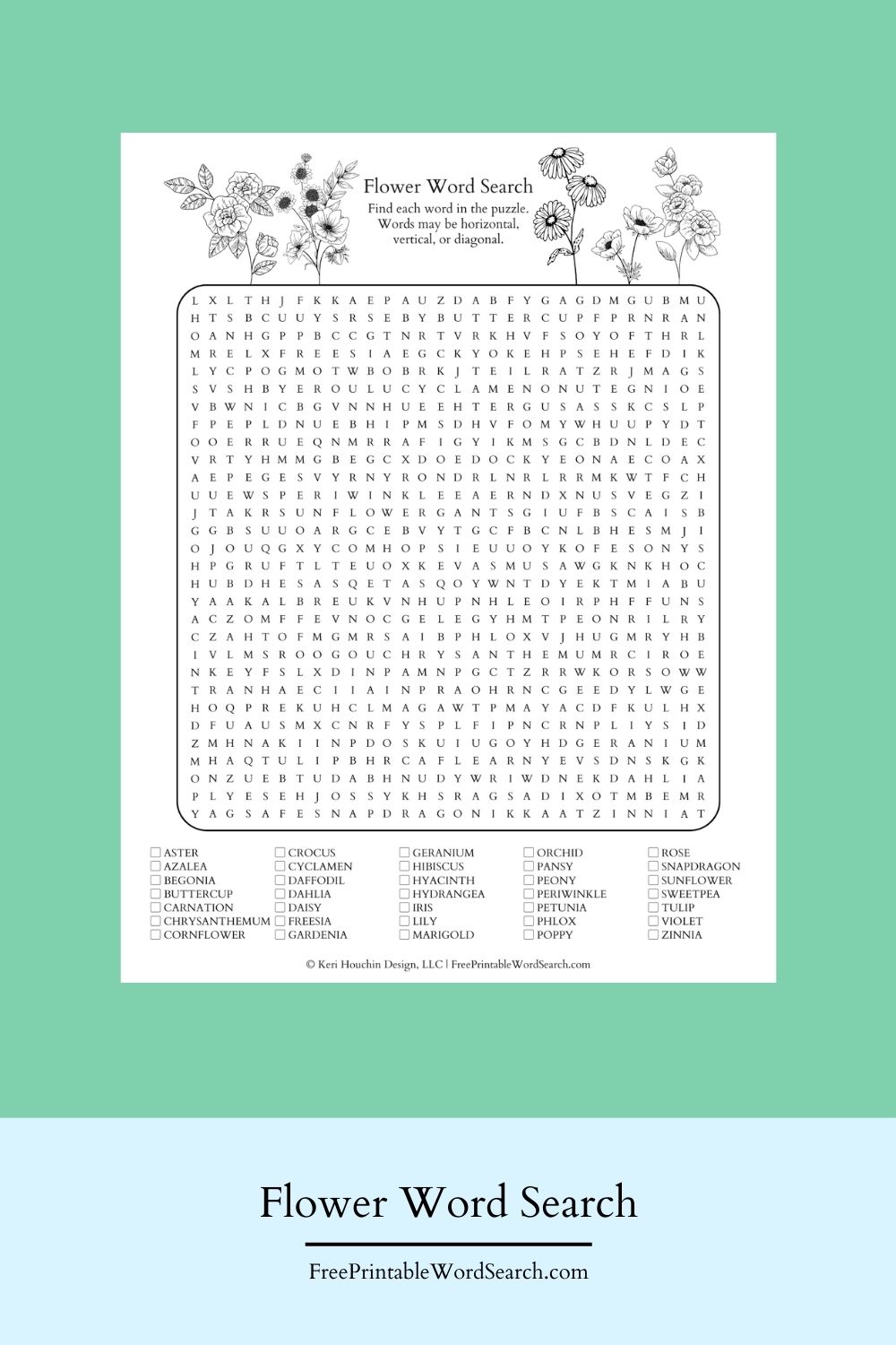 Flower word search with 35 words hidden in a 30 by 30 grid.