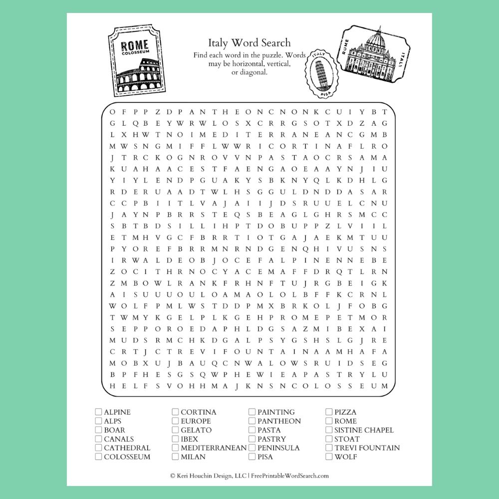 Italy word search with 24 words in a 25 by 25 grid.