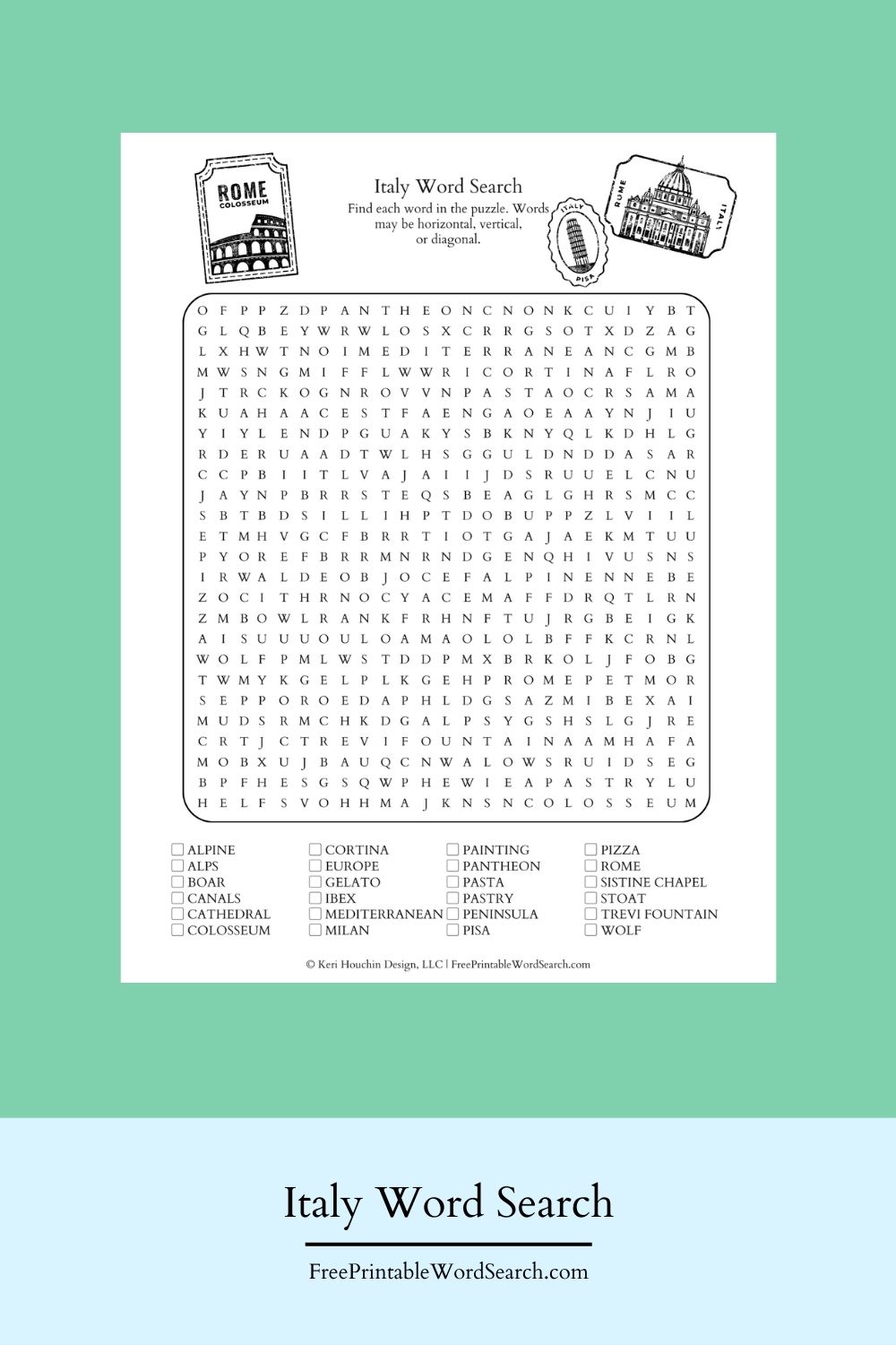 Italy word search with 24 words in a 25 by 25 grid.