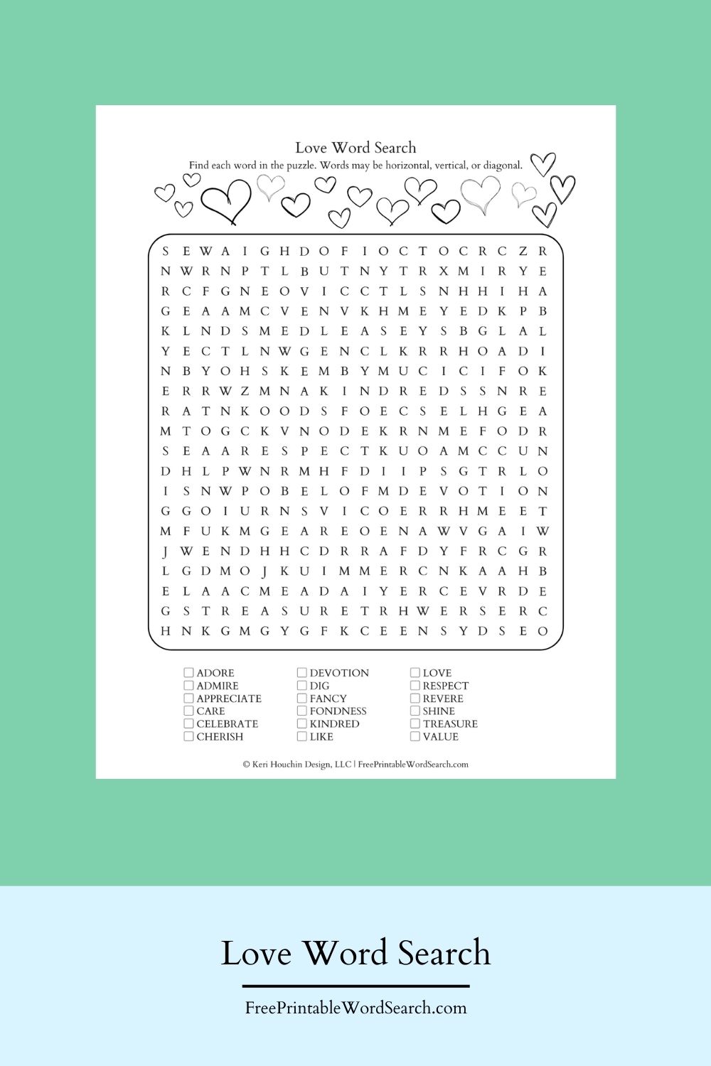 Love word search with 18 words hidden in a 20 by 20 grid.
