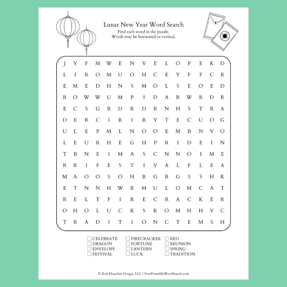 Lunar New Year word search with 12 words hidden in a 15 by 15 grid.