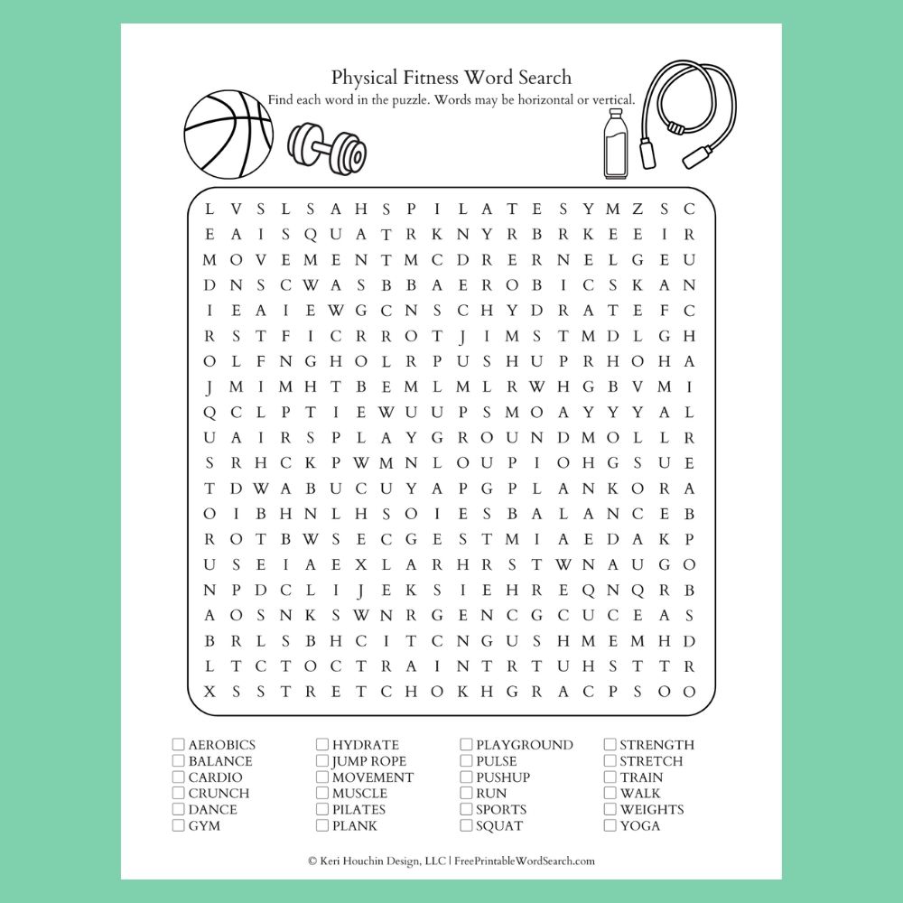 Physical fitness word search with 24 words in a 20 by 20 grid.