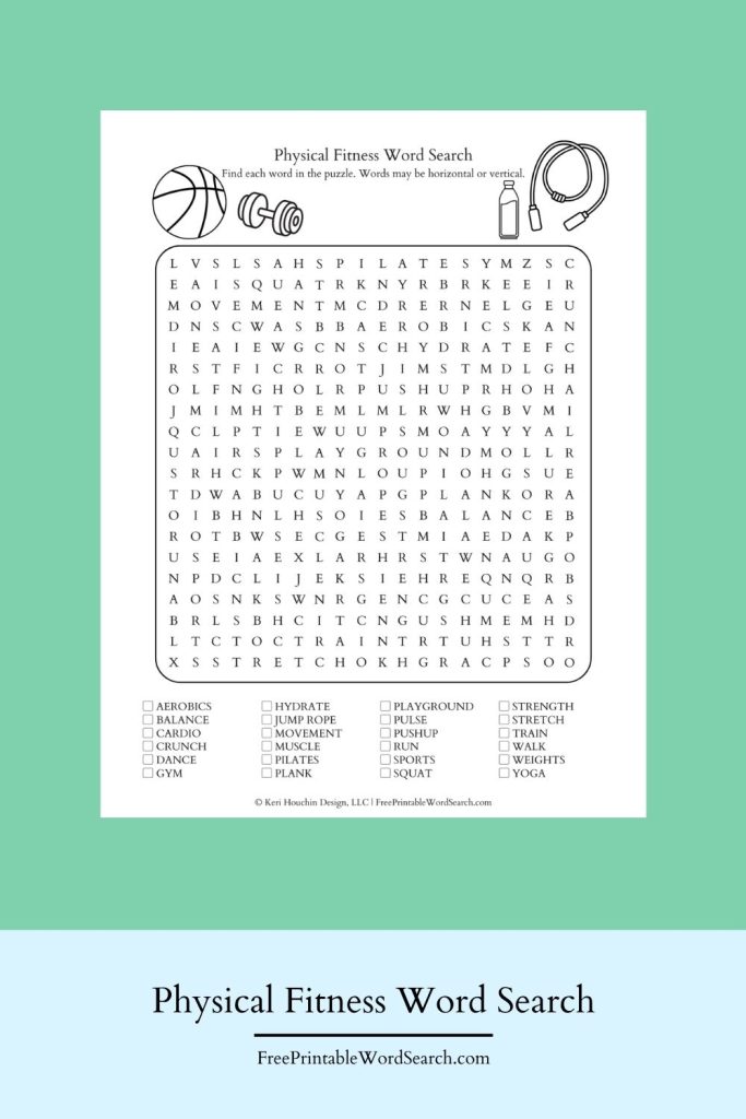 Physical fitness word search with 24 words in a 20 by 20 grid.