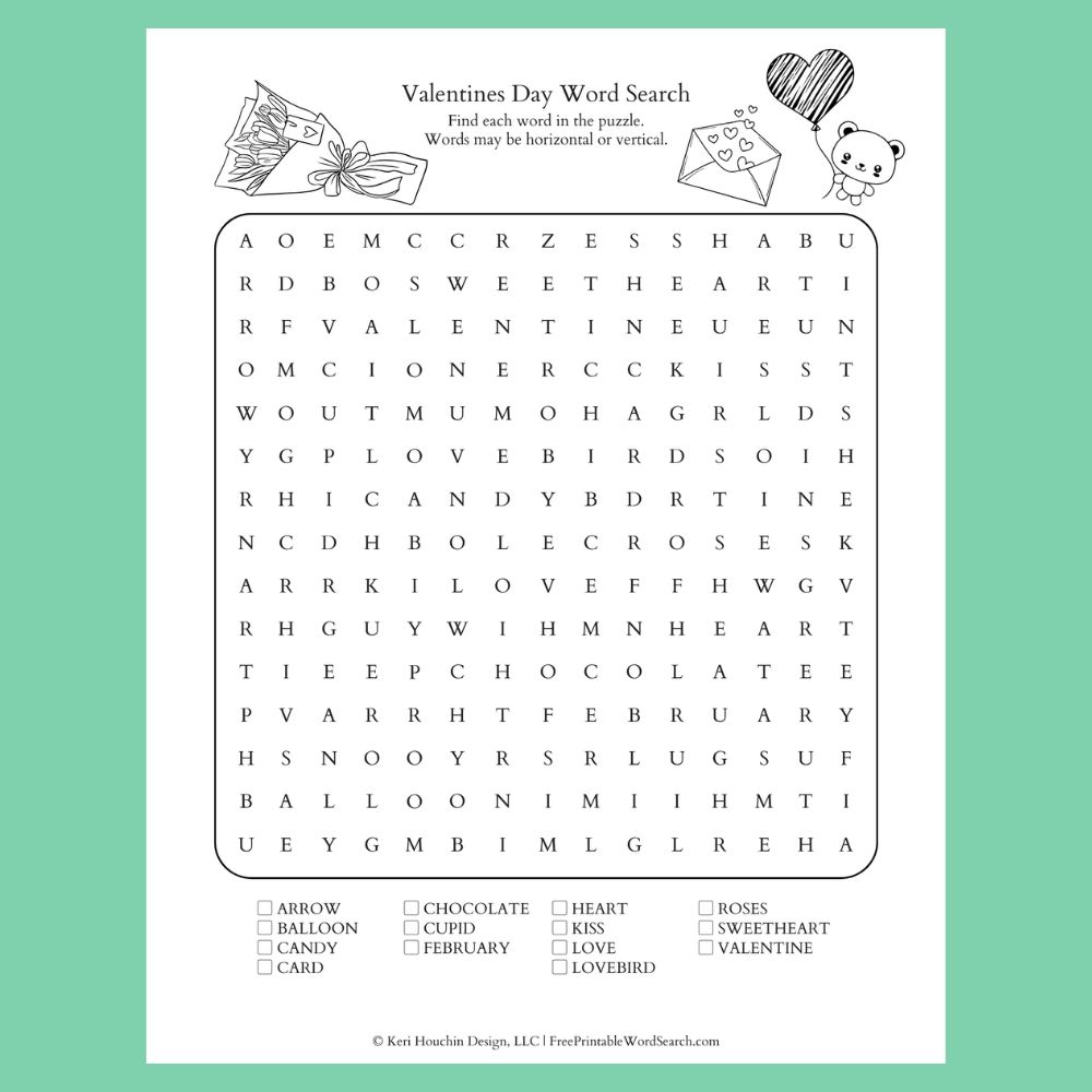 Valentine's Day word search with 14 words hidden in a 15 by 15 grid.