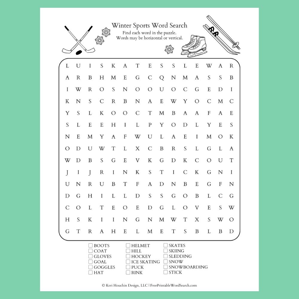 This winter sports word search includes 18 words on a 15 by 15 grid.