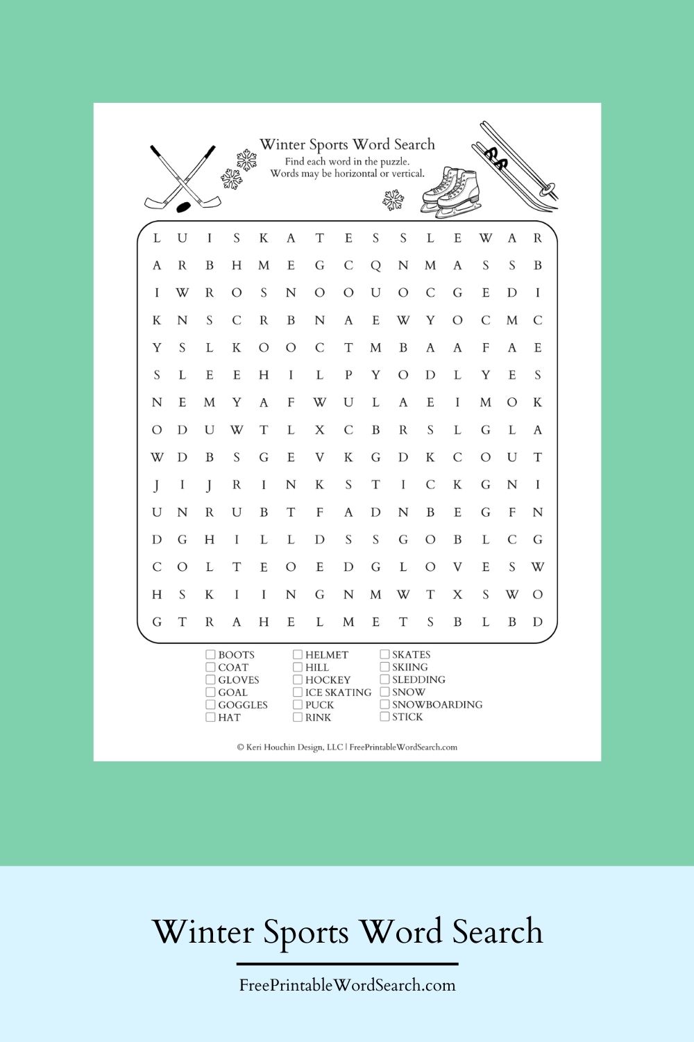 This winter sports word search includes 18 words on a 15 by 15 grid.