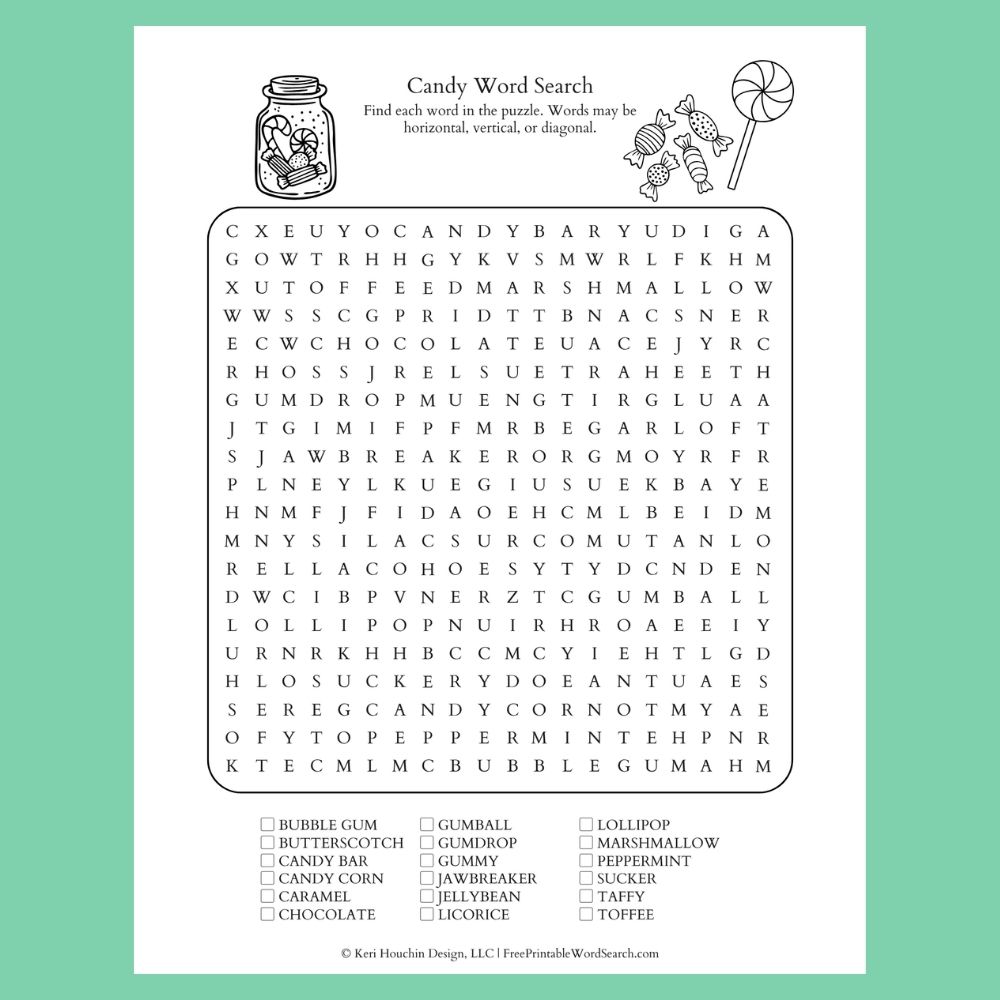 Candy word search with 18 words hidden in a 20 by 20 grid.