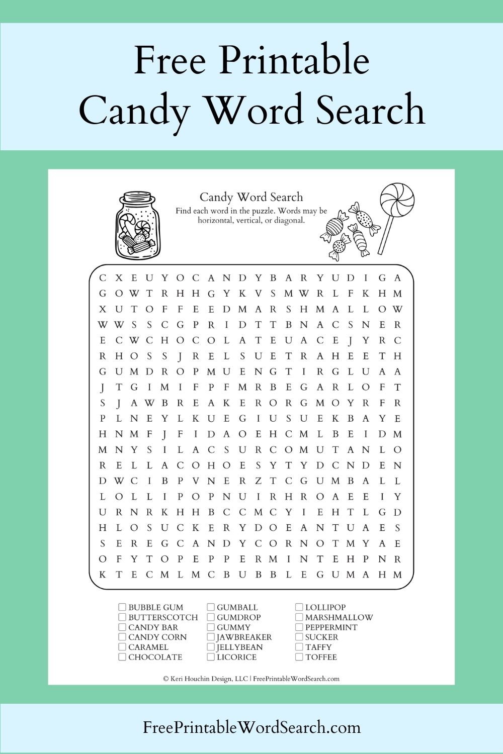 Candy word search with 18 words hidden in a 20 by 20 grid.