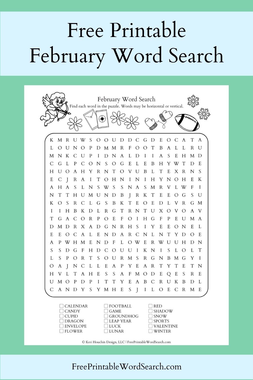 February word search with 18 words hidden in a 20 by 20 grid.