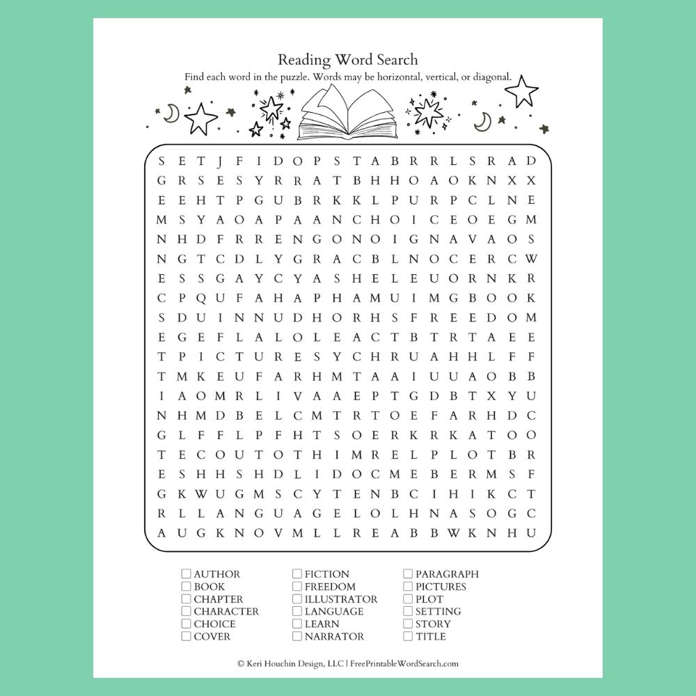 Reading word search with 18 words hidden in a 20 by 20 grid.