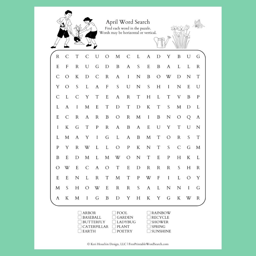April word search with 15 words hidden in a 15 by 15 grid.
