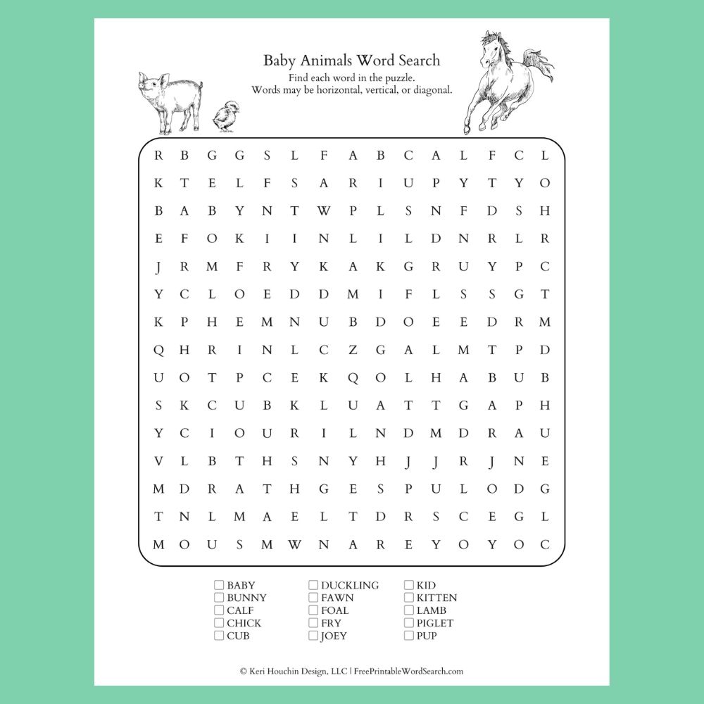 Baby animals word search with 15 words hidden in a 15 by 15 grid.