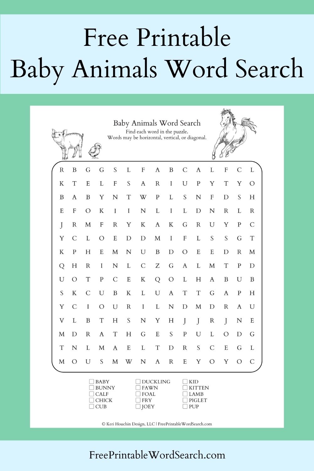 Baby animals word search with 15 words hidden in a 15 by 15 grid.