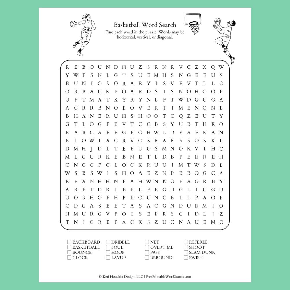 Basketball word search with 16 words hidden in a 20 by 20 grid.