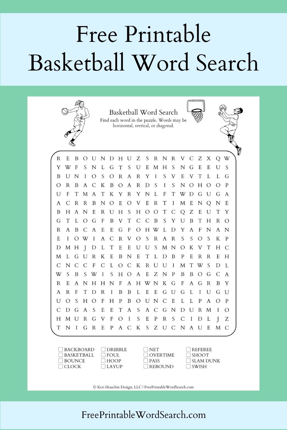 Basketball word search with 16 words hidden in a 20 by 20 grid.