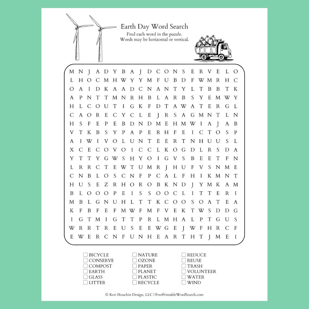 Earth Day word search with 18 words hidden in a 20 by 20 grid.