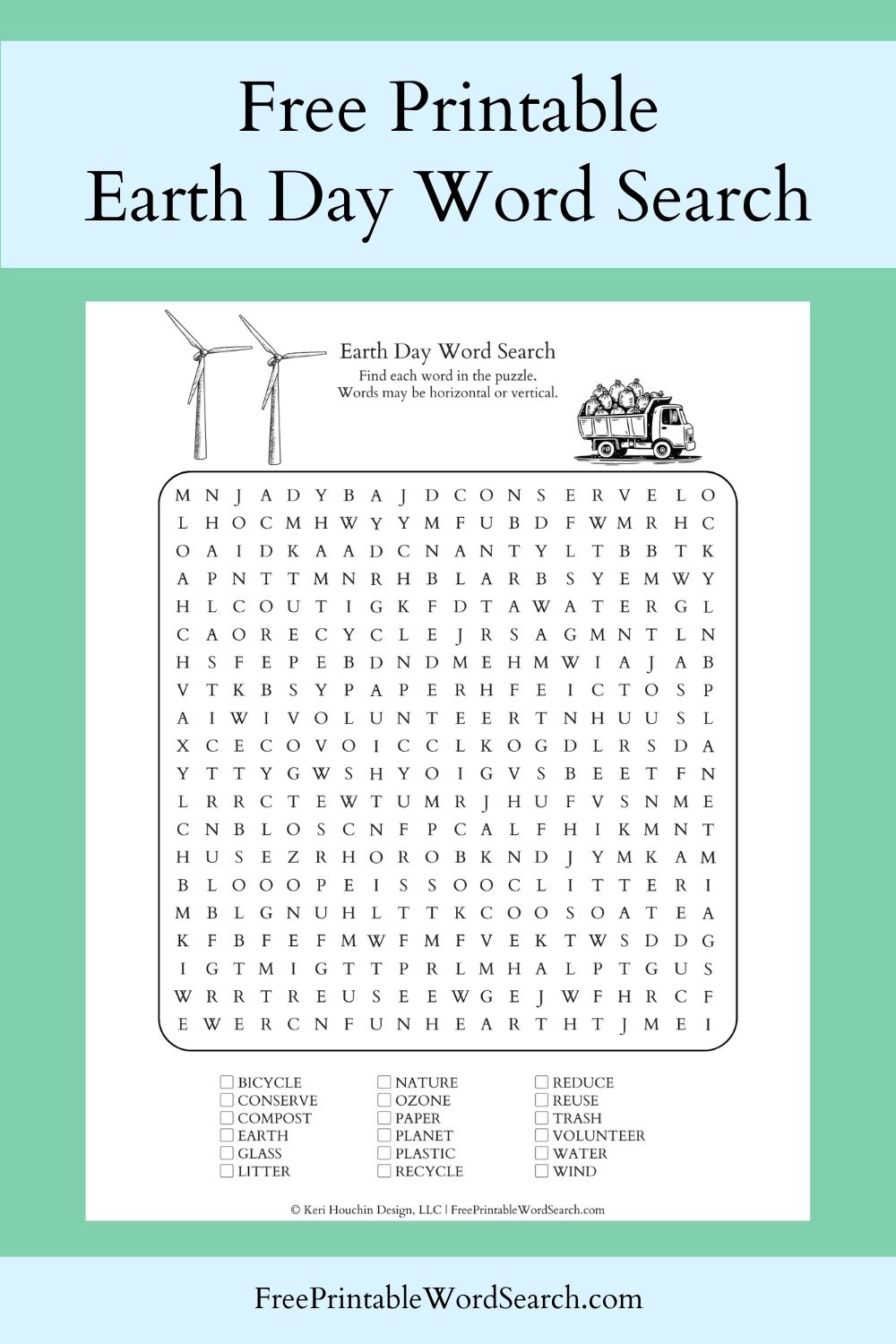 Earth Day word search with 18 words hidden in a 20 by 20 grid.