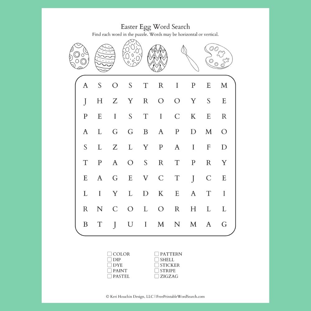 Easter egg word search with 10 words hidden in a 10 by 10 grid.