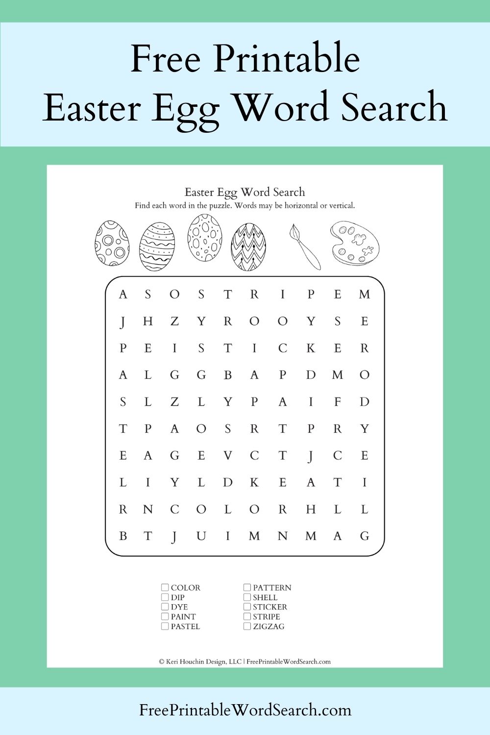 Easter egg word search with 10 words hidden in a 10 by 10 grid.