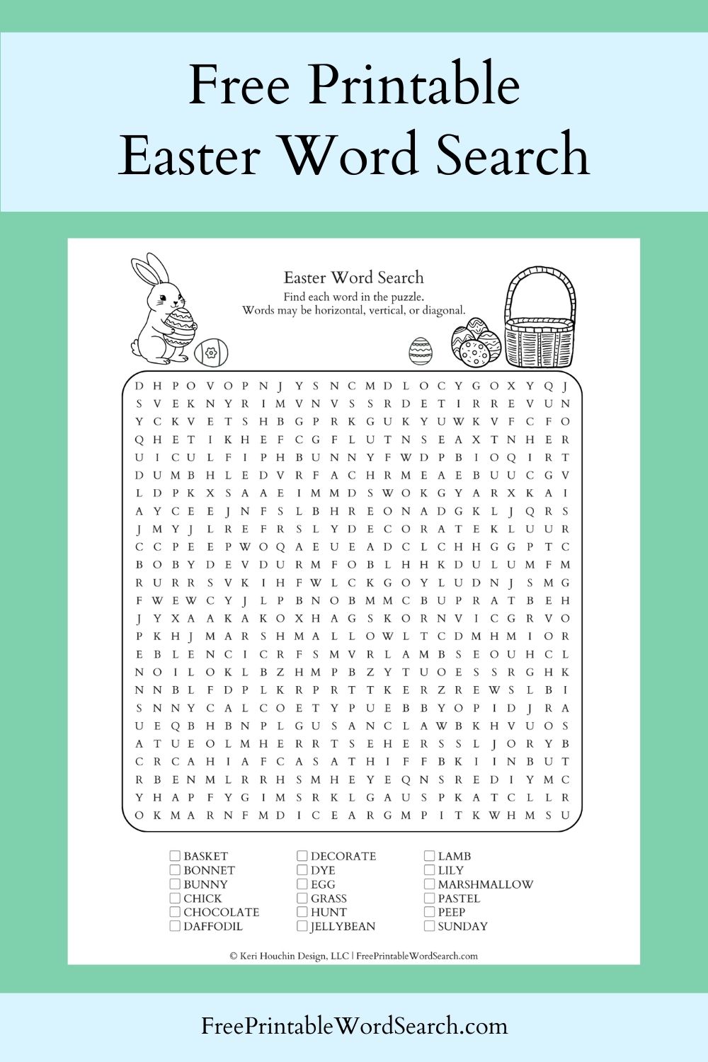 Easter word search with 18 words hidden in a 25 by 25 grid.