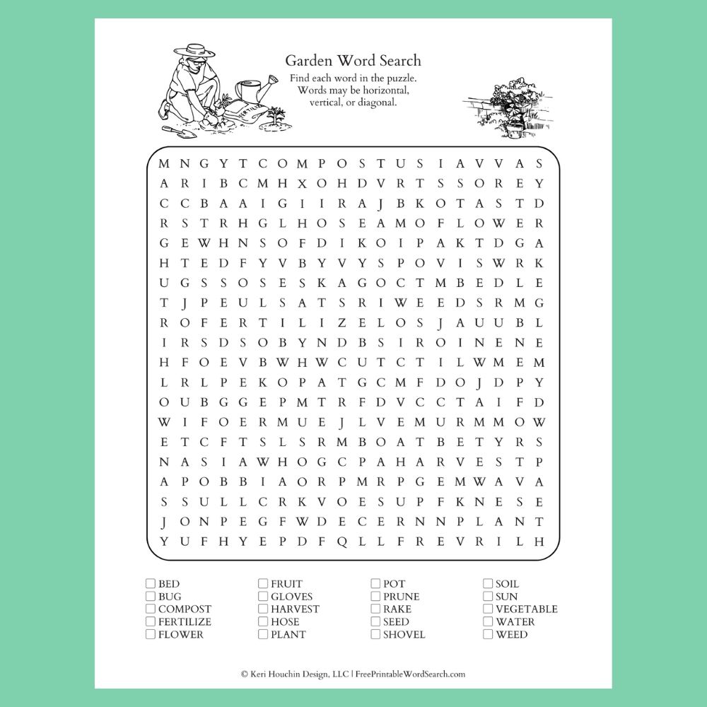 Garden word search with 20 words hidden in a 20 by 20 grid.