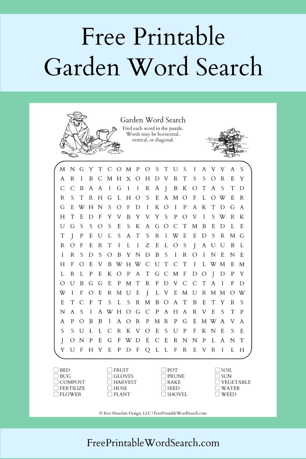 Garden word search with 20 words hidden in a 20 by 20 grid.