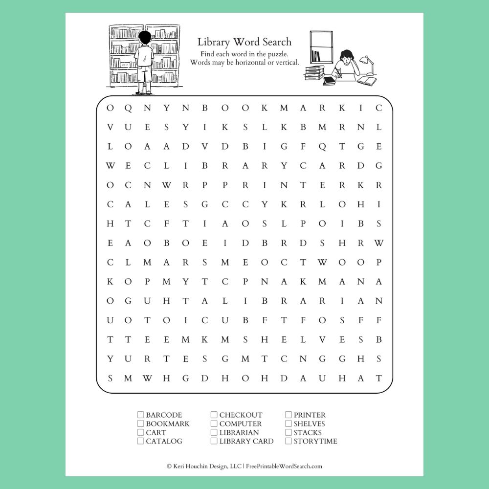 Library word search with 12 words hidden in a 15 by 15 grid.